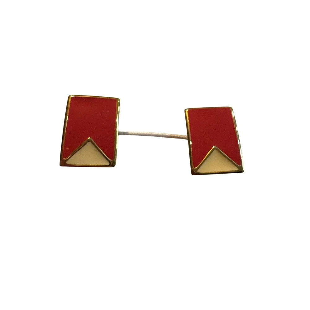 1990s Geometric Pink Cream Enamel Gold Tone Rectangle Stud Earrings Retro Style